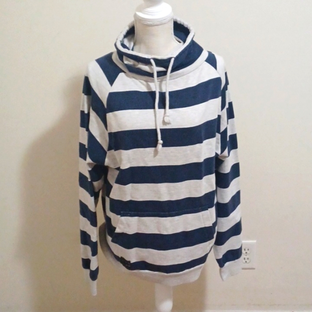 Stripped blue and gray pull over sweatshirt